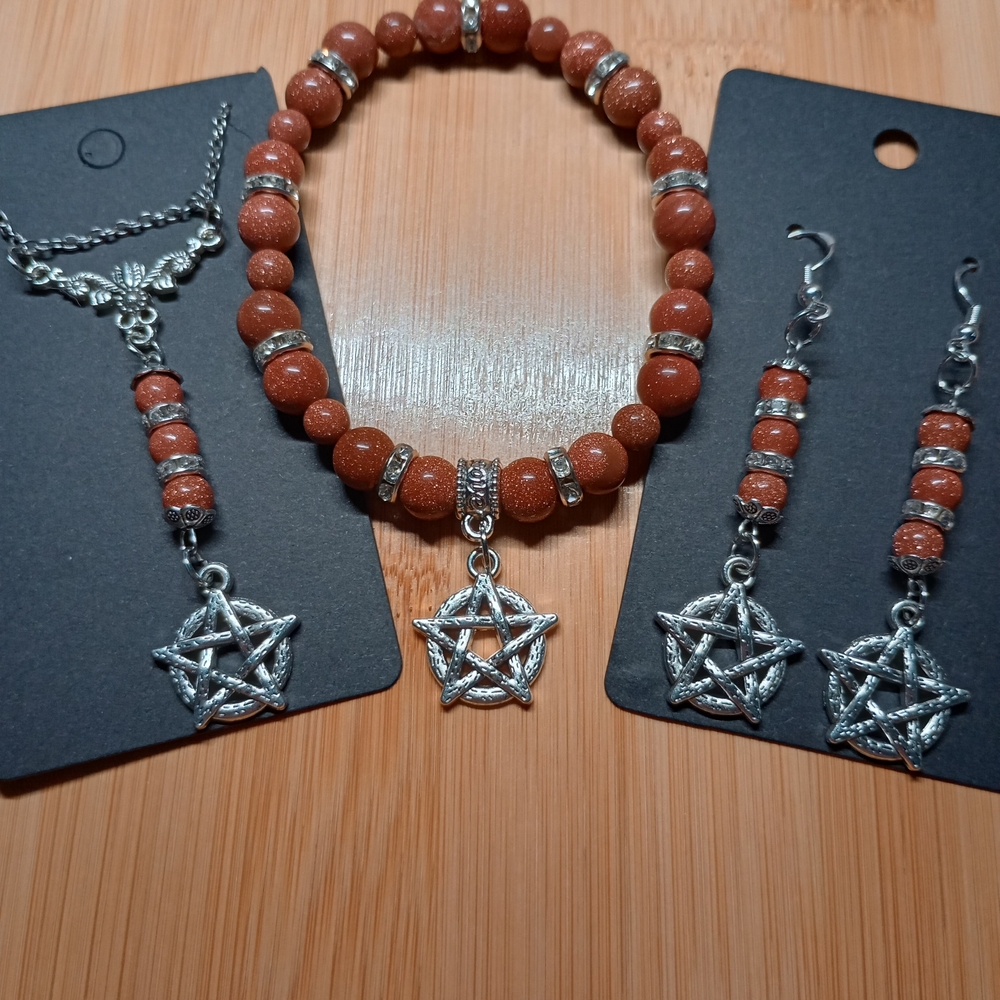 Gothic Elegance Pentagram And Goldstone Jewelry Set Sparkly!!